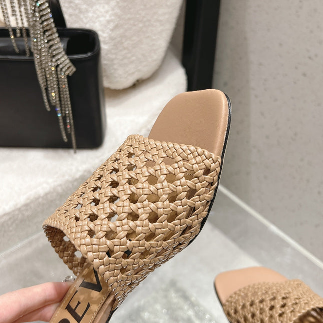 LOEWE 26S WOVEN HEEL SANDALS 50 MM IN DARK BEIGE LAMBSKIN