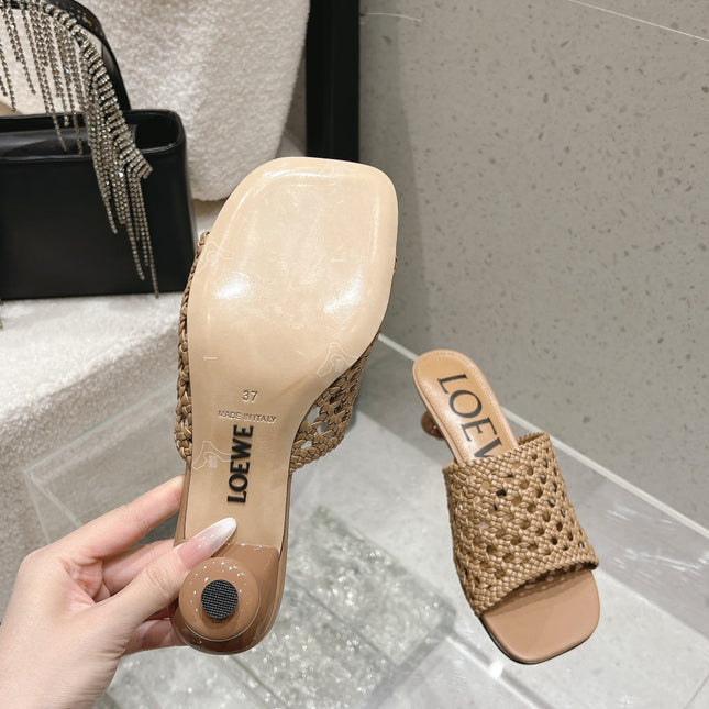 LOEWE 26S WOVEN HEEL SANDALS 50 MM IN DARK BEIGE LAMBSKIN