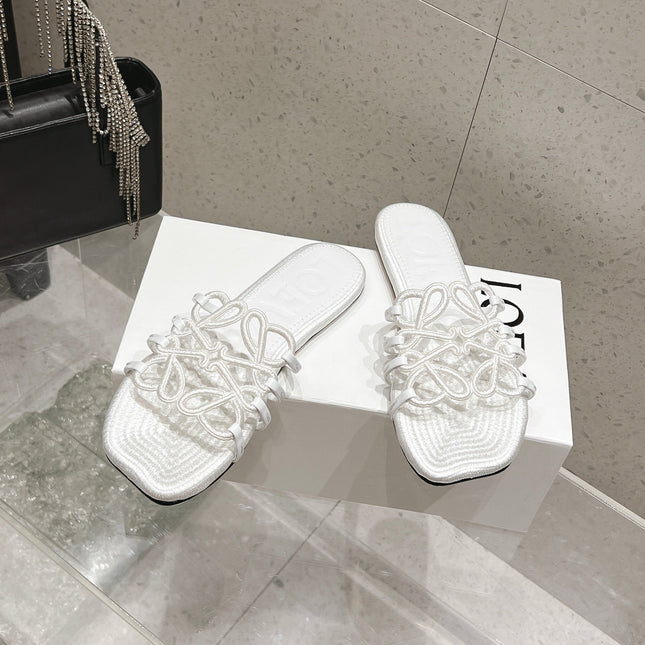 LOEWE 26S BRAIDED CAGE SLIDE SANDALS IN WHITE CALFSKIN