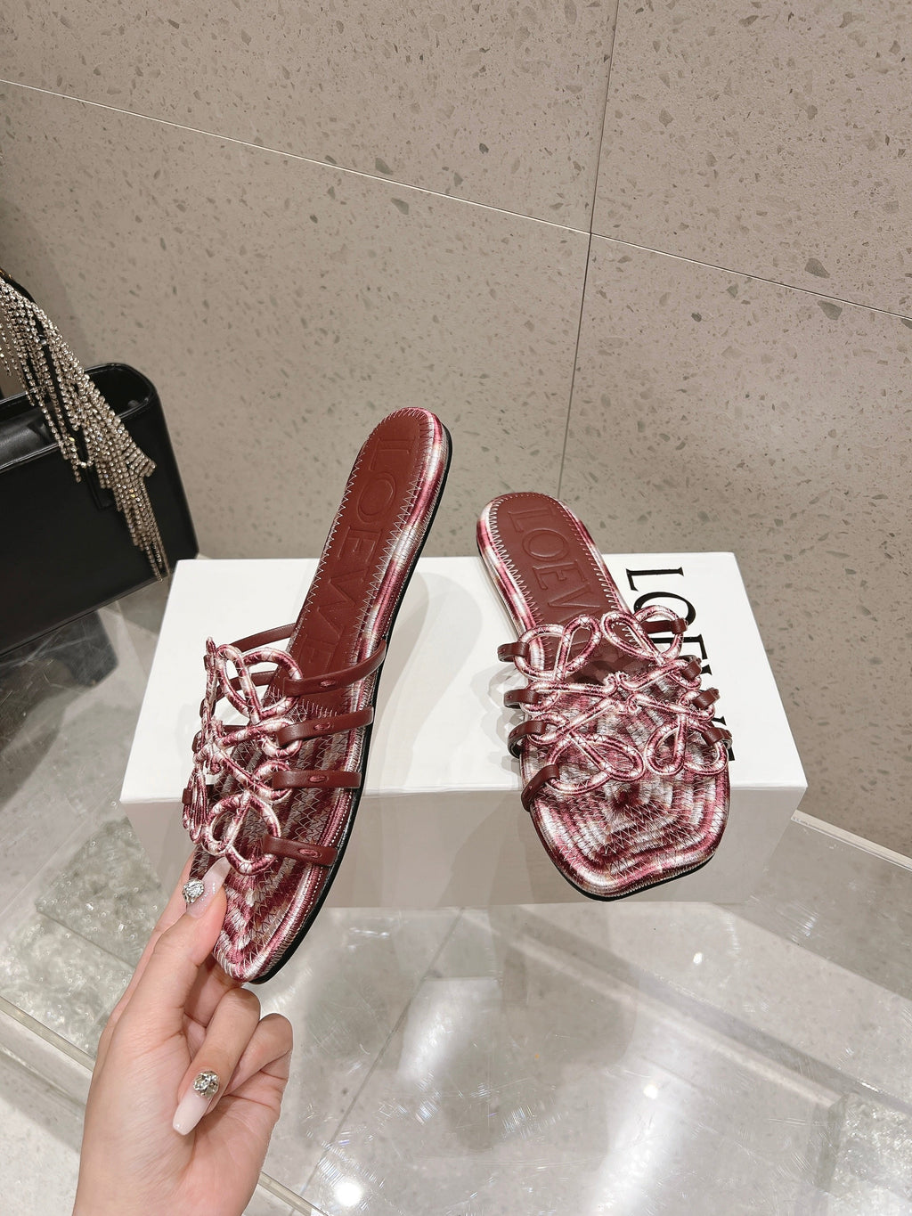 LOEWE 26S BRAIDED CAGE SLIDE SANDALS IN DARK BROWN CALFSKIN