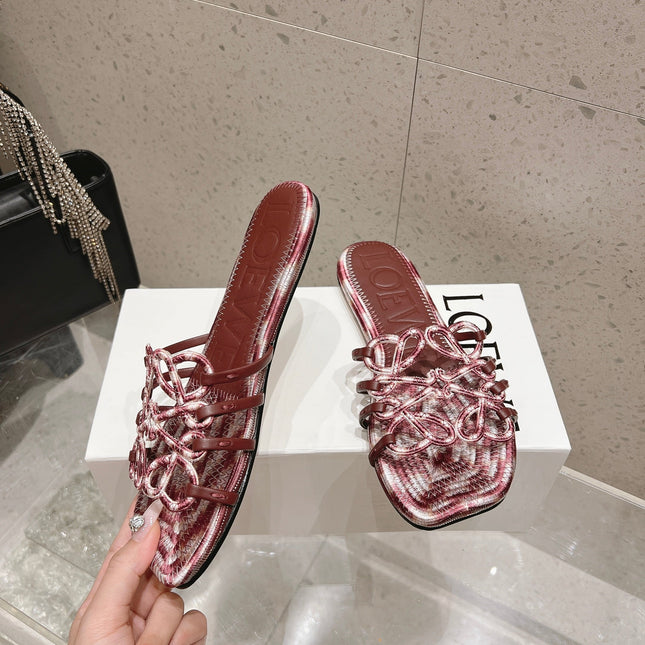 LOEWE 26S BRAIDED CAGE SLIDE SANDALS IN DARK BROWN CALFSKIN