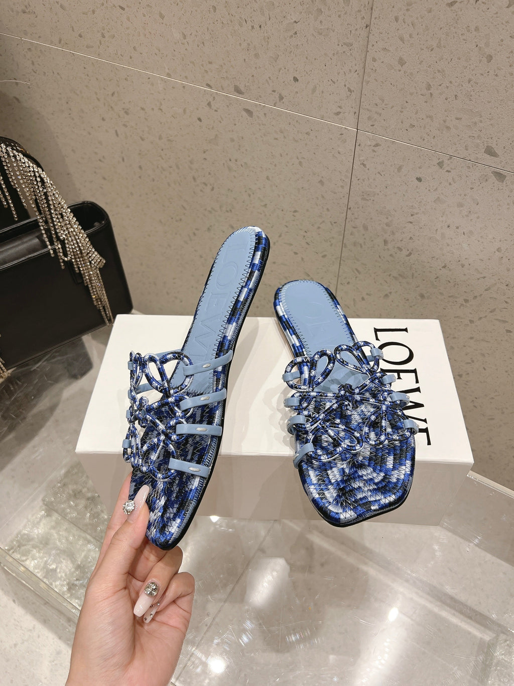 LOEWE 26S BRAIDED CAGE SLIDE SANDALS IN BLUE CALFSKIN