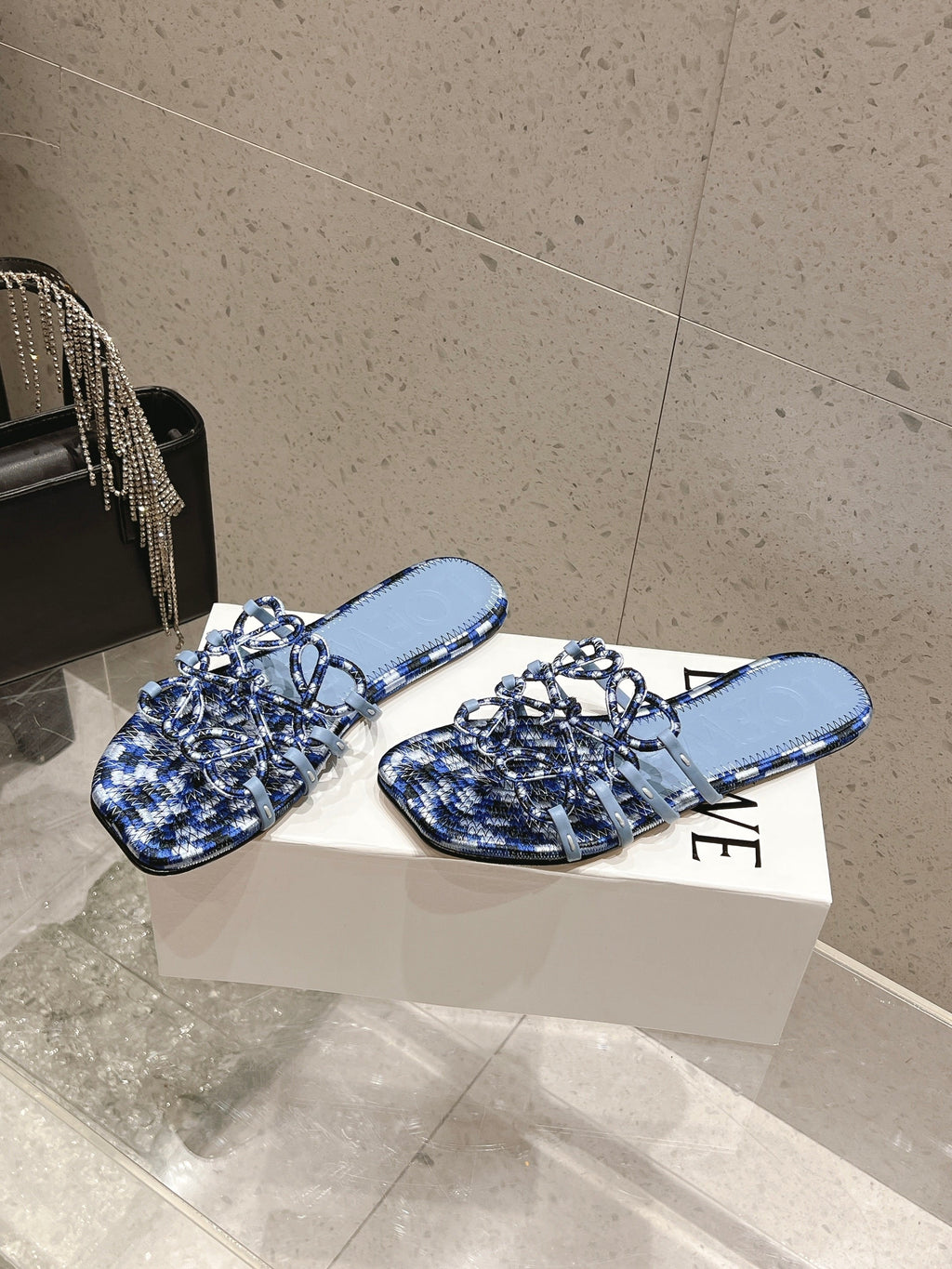 LOEWE 26S BRAIDED CAGE SLIDE SANDALS IN BLUE CALFSKIN