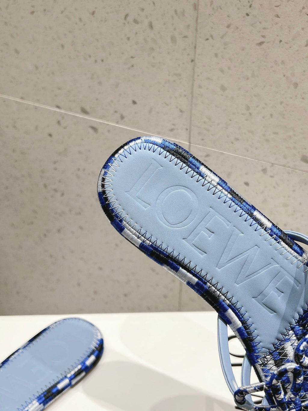 LOEWE 26S BRAIDED CAGE SLIDE SANDALS IN BLUE CALFSKIN