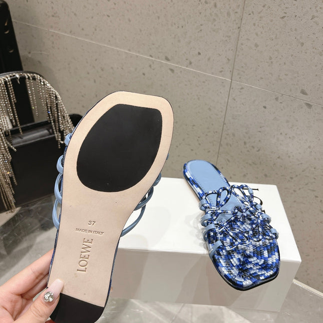LOEWE 26S BRAIDED CAGE SLIDE SANDALS IN BLUE CALFSKIN