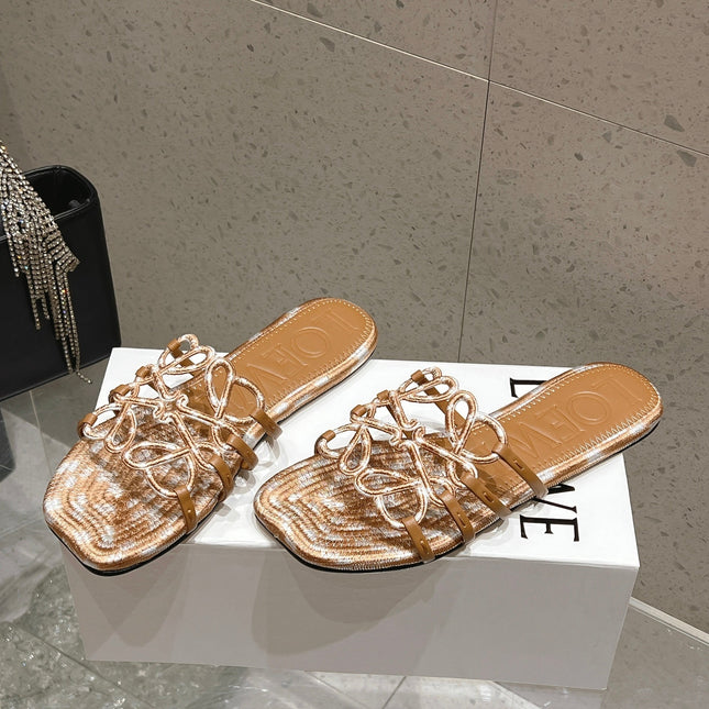 LOEWE 26S BRAIDED CAGE SLIDE SANDALS IN TAN BROWN CALFSKIN