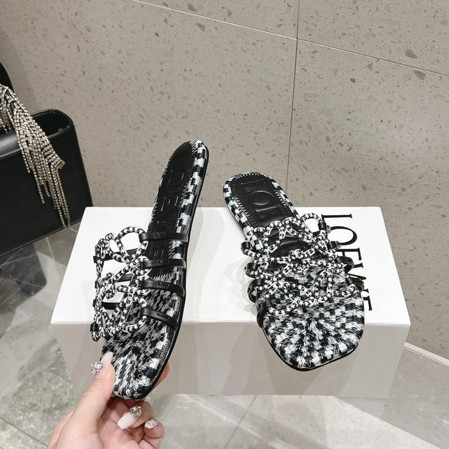 LOEWE 26S BRAIDED CAGE SLIDE SANDALS IN BLACK AND WHITE CALFSKIN