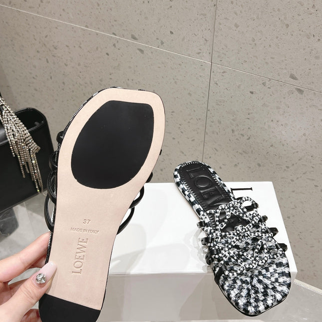 LOEWE 26S BRAIDED CAGE SLIDE SANDALS IN BLACK AND WHITE CALFSKIN