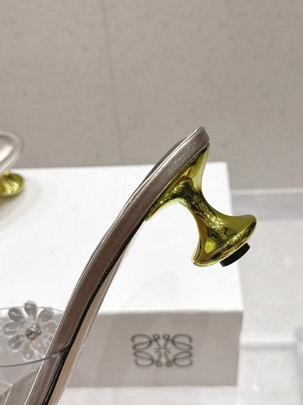 LOEWE 26S MULE HEELS 45MM IN LIGHT GREY PVC WITH CRYSTAL FLORAL