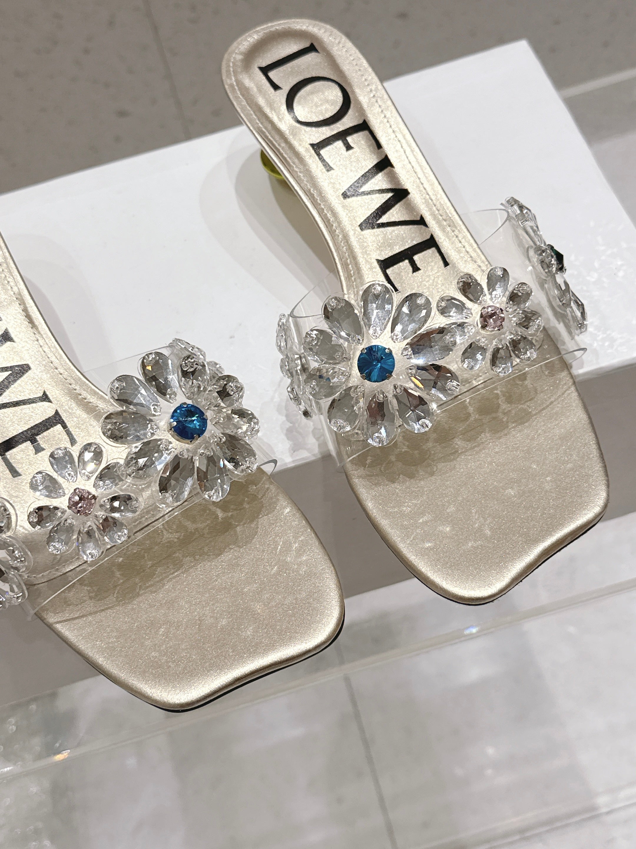 LOEWE 26S MULE HEELS 45MM IN GOLD PVC WITH CRYSTAL FLORAL