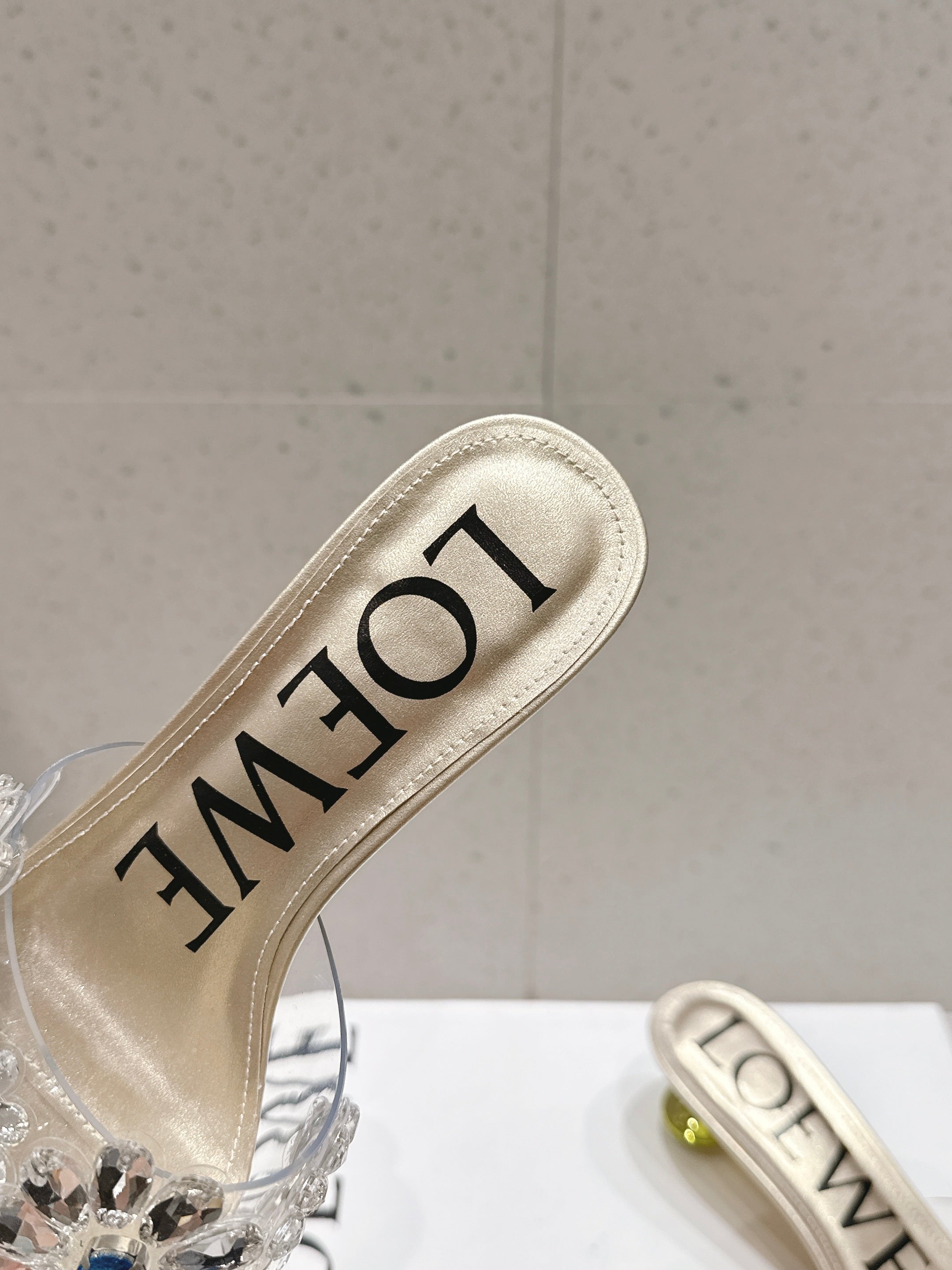 LOEWE 26S MULE HEELS 45MM IN GOLD PVC WITH CRYSTAL FLORAL