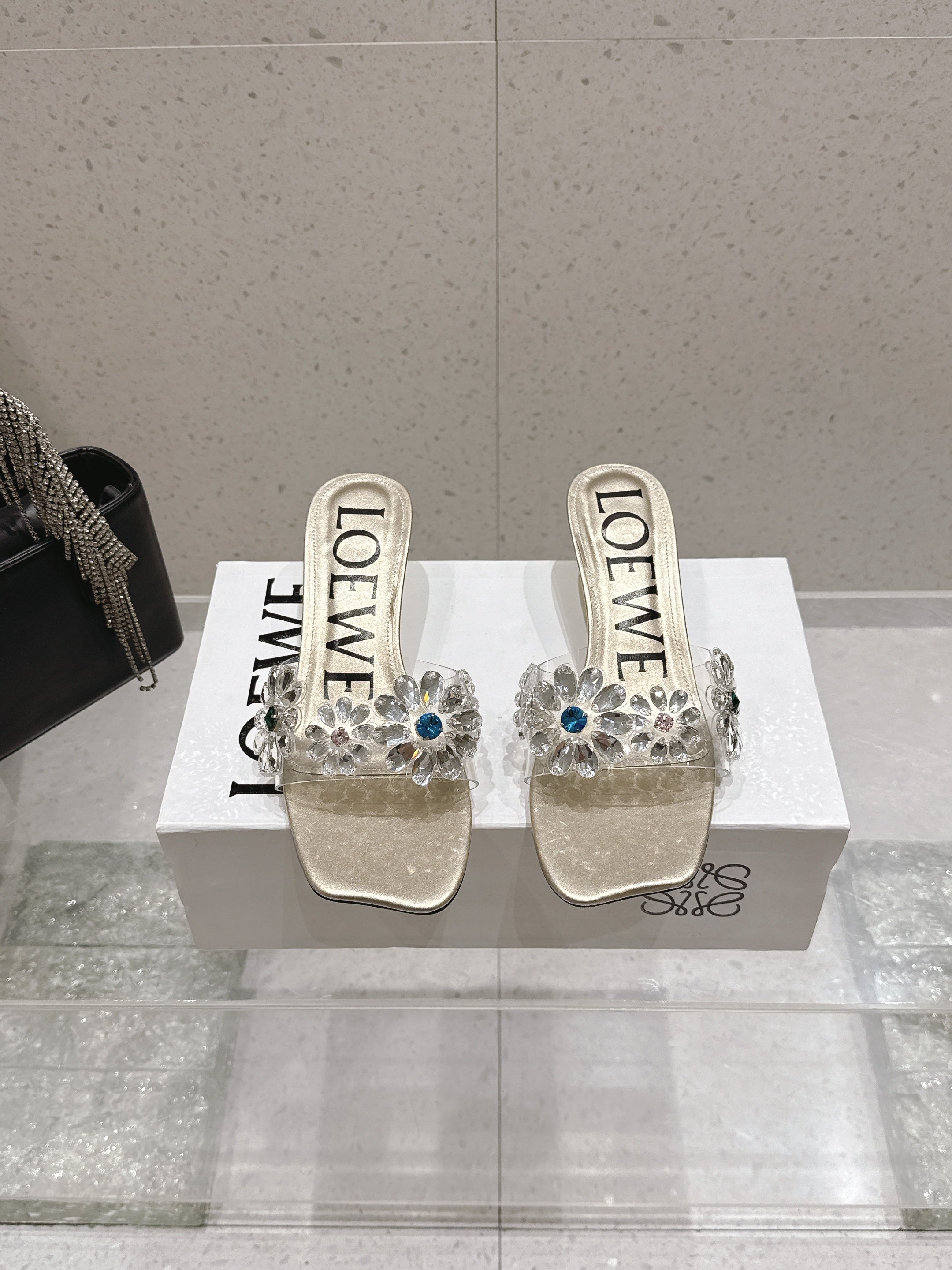 LOEWE 26S MULE HEELS 45MM IN GOLD PVC WITH CRYSTAL FLORAL