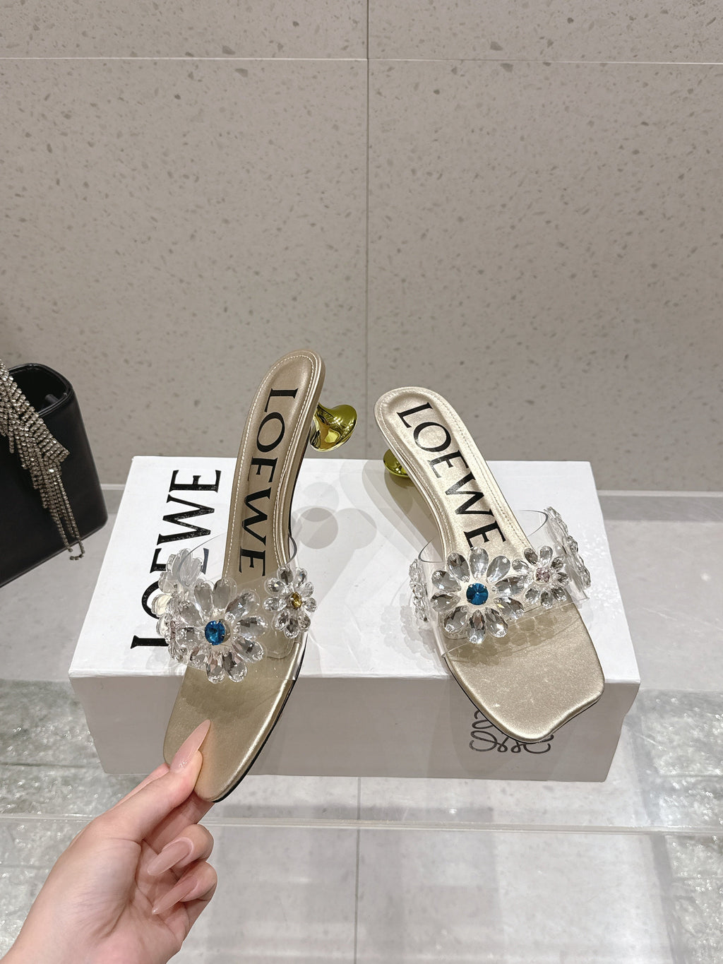 LOEWE 26S MULE HEELS 45MM IN GOLD PVC WITH CRYSTAL FLORAL