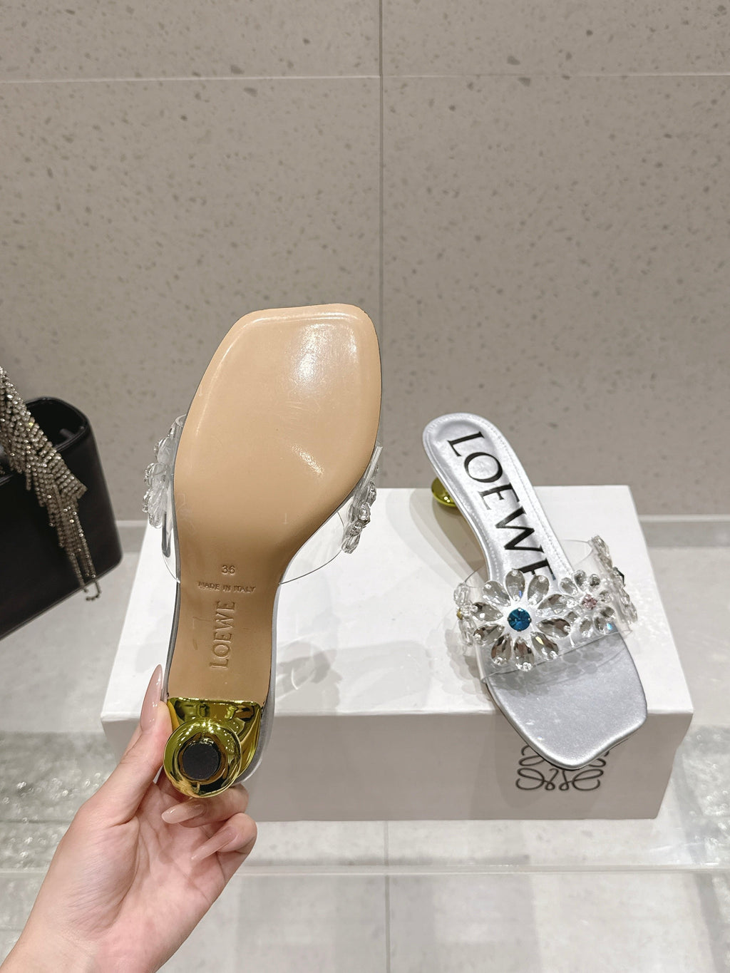 LOEWE 26S MULE HEELS 45MM IN SILVER PVC WITH CRYSTAL FLORAL