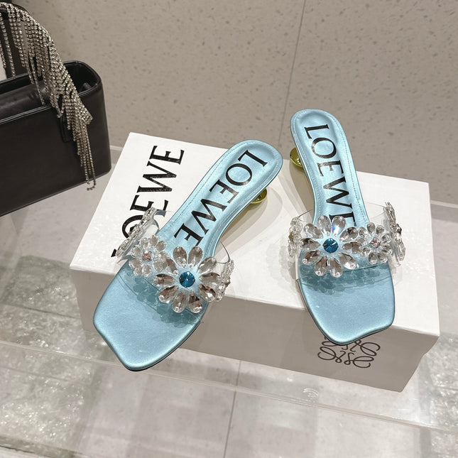 LOEWE 26S MULE HEELS 45MM IN LIGHT BLUE PVC WITH CRYSTAL FLORAL
