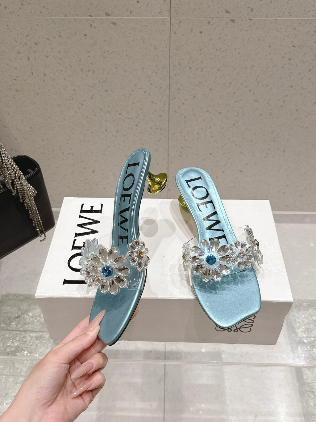 LOEWE 26S MULE HEELS 45MM IN LIGHT BLUE PVC WITH CRYSTAL FLORAL