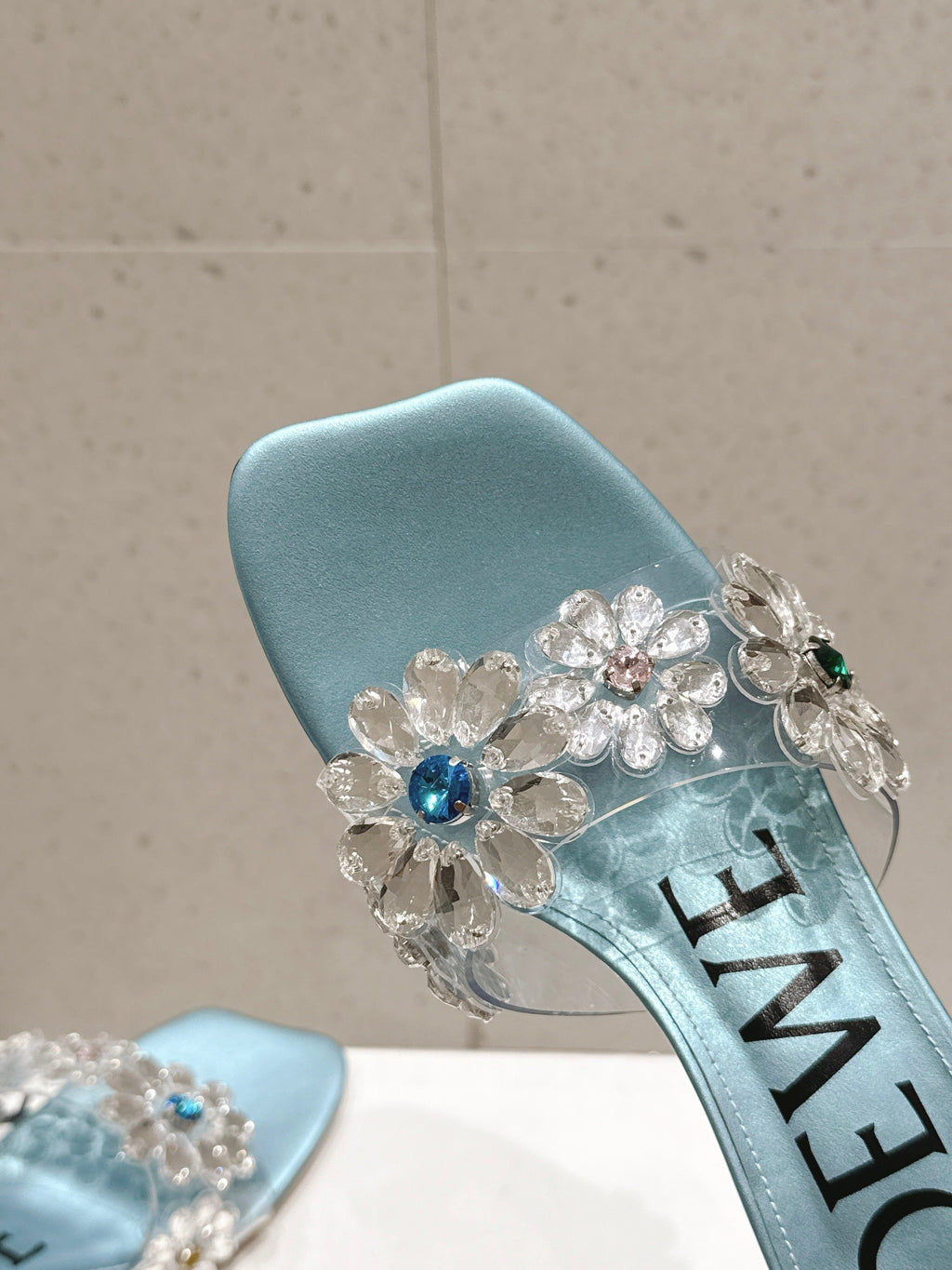 LOEWE 26S MULE HEELS 45MM IN LIGHT BLUE PVC WITH CRYSTAL FLORAL