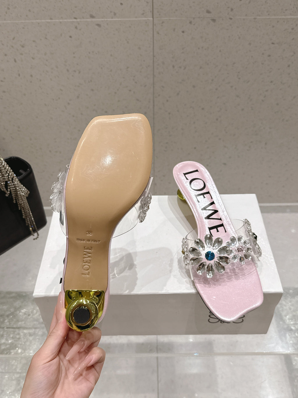 LOEWE 26S MULE HEELS 45MM IN LIGHT PINK PVC WITH CRYSTAL FLORAL