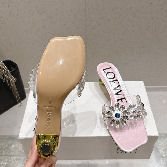 LOEWE 26S MULE HEELS 45MM IN LIGHT PINK PVC WITH CRYSTAL FLORAL