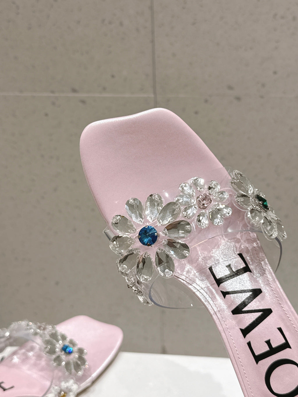 LOEWE 26S MULE HEELS 45MM IN LIGHT PINK PVC WITH CRYSTAL FLORAL