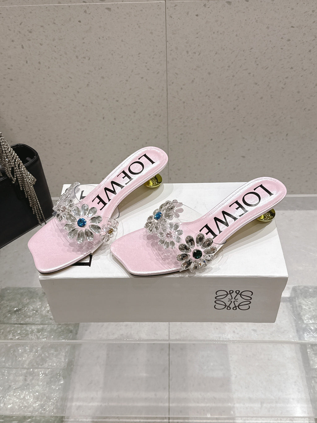 LOEWE 26S MULE HEELS 45MM IN LIGHT PINK PVC WITH CRYSTAL FLORAL