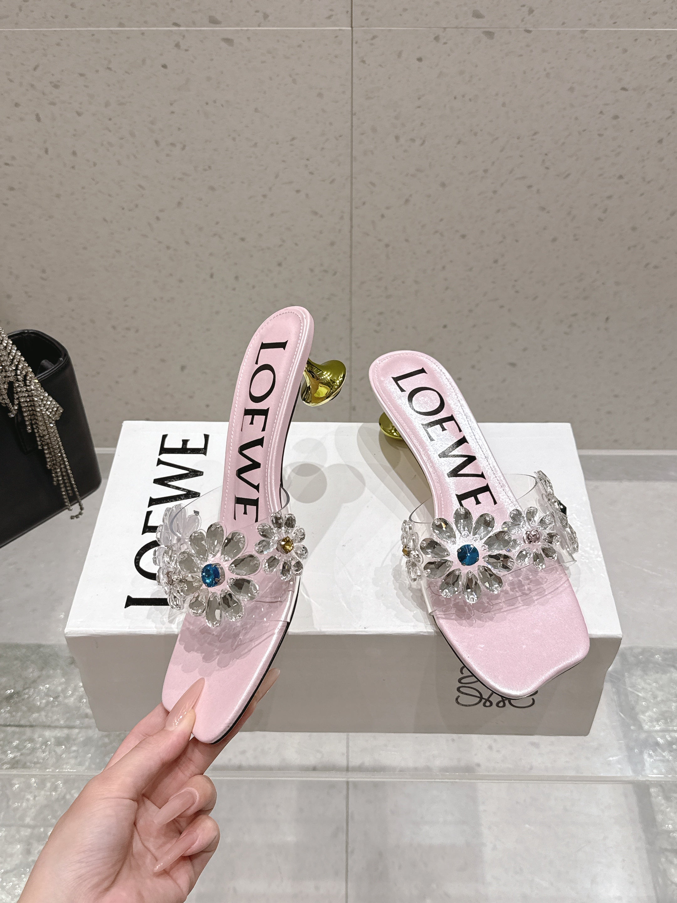 LOEWE 26S MULE HEELS 45MM IN LIGHT PINK PVC WITH CRYSTAL FLORAL