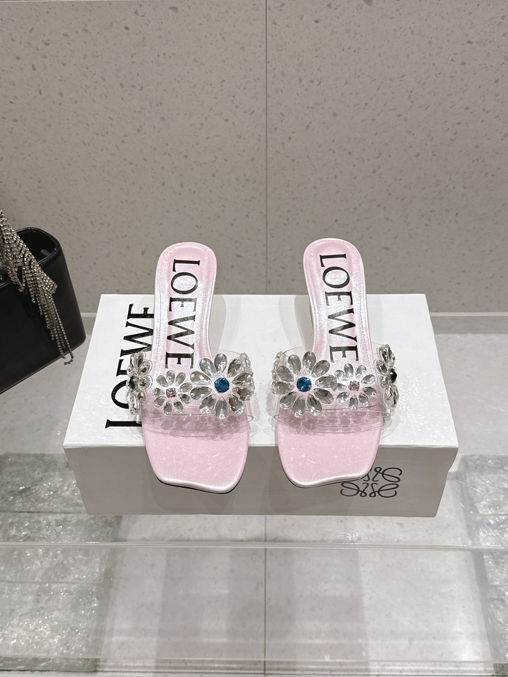LOEWE 26S MULE HEELS 45MM IN LIGHT PINK PVC WITH CRYSTAL FLORAL