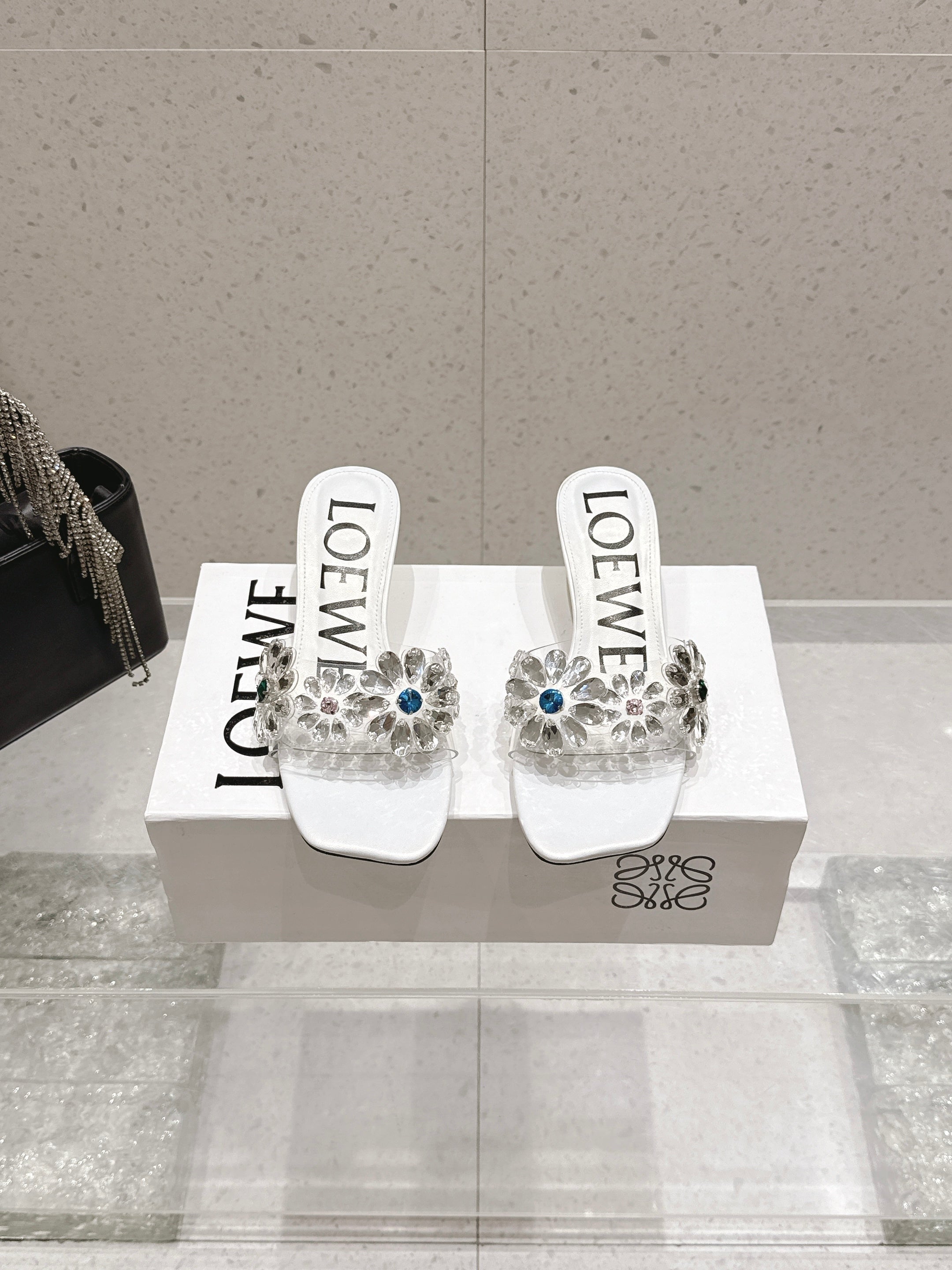 LOEWE 26S MULE HEELS 45MM IN WHITE PVC WITH CRYSTAL FLORAL