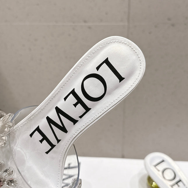 LOEWE 26S MULE HEELS 45MM IN WHITE PVC WITH CRYSTAL FLORAL