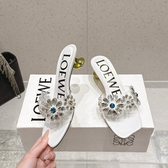 LOEWE 26S MULE HEELS 45MM IN WHITE PVC WITH CRYSTAL FLORAL
