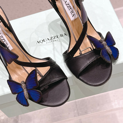 AQUAZZURA 26S BUTTERFLY HEEL SANDALS 100 MM IN BLACK CALFSKIN