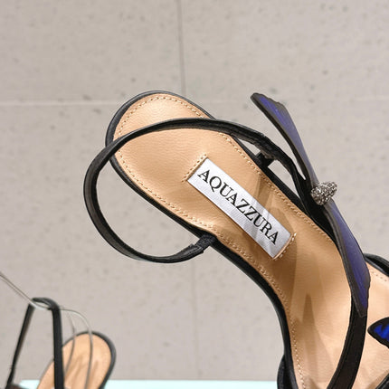 AQUAZZURA 26S BUTTERFLY HEEL SANDALS 100 MM IN BLACK CALFSKIN