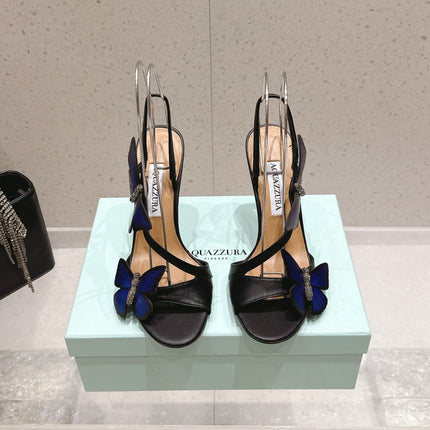 AQUAZZURA 26S BUTTERFLY HEEL SANDALS 100 MM IN BLACK CALFSKIN