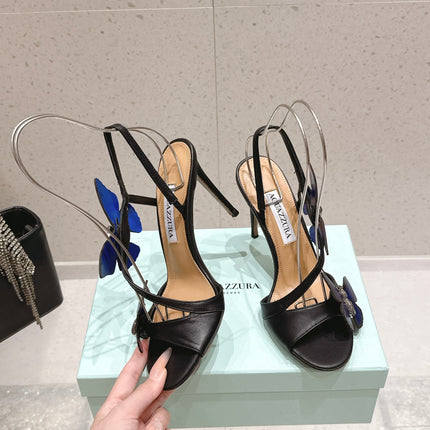 AQUAZZURA 26S BUTTERFLY HEEL SANDALS 100 MM IN BLACK CALFSKIN