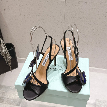 AQUAZZURA 26S BUTTERFLY HEEL SANDALS 100 MM IN BLACK CALFSKIN