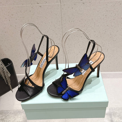 AQUAZZURA 26S BUTTERFLY HEEL SANDALS 100 MM IN BLACK CALFSKIN