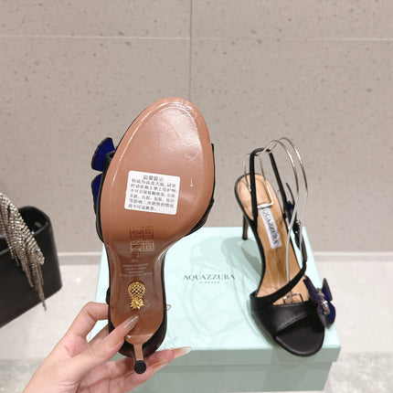 AQUAZZURA 26S BUTTERFLY HEEL SANDALS 100 MM IN BLACK CALFSKIN
