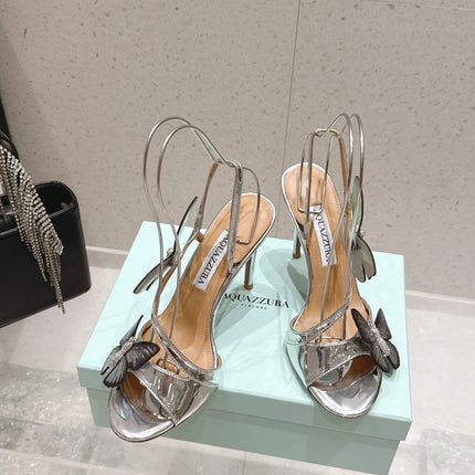 AQUAZZURA 26S BUTTERFLY HEEL SANDALS 100 MM IN SILVER CALFSKIN