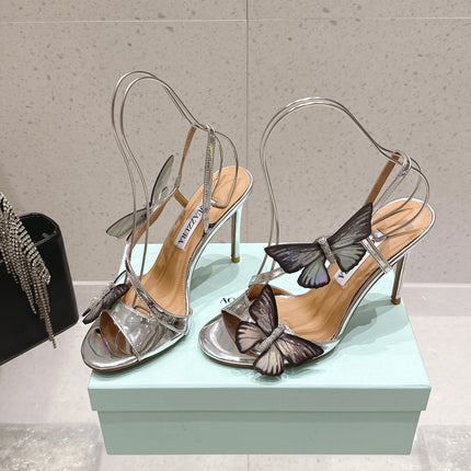 AQUAZZURA 26S BUTTERFLY HEEL SANDALS 100 MM IN SILVER CALFSKIN