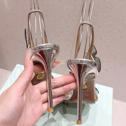 AQUAZZURA 26S BUTTERFLY HEEL SANDALS 100 MM IN SILVER CALFSKIN