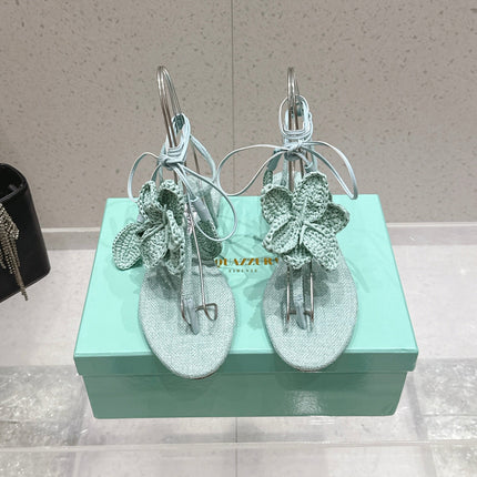 AQUAZZURA 26S FLORAL THONG SANDALS IN MINT GREEN WOVEN RAFFIA AND FABRIC