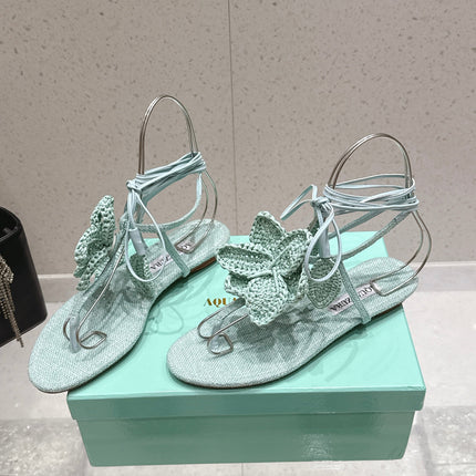 AQUAZZURA 26S FLORAL THONG SANDALS IN MINT GREEN WOVEN RAFFIA AND FABRIC