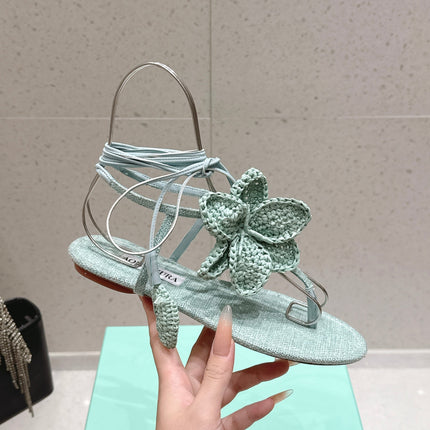 AQUAZZURA 26S FLORAL THONG SANDALS IN MINT GREEN WOVEN RAFFIA AND FABRIC