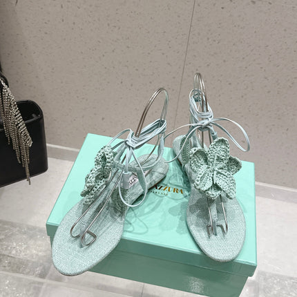 AQUAZZURA 26S FLORAL THONG SANDALS IN MINT GREEN WOVEN RAFFIA AND FABRIC