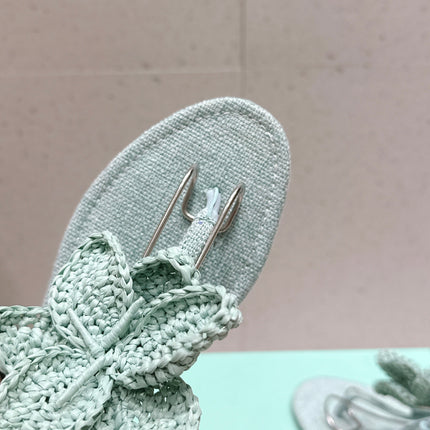 AQUAZZURA 26S FLORAL THONG SANDALS IN MINT GREEN WOVEN RAFFIA AND FABRIC