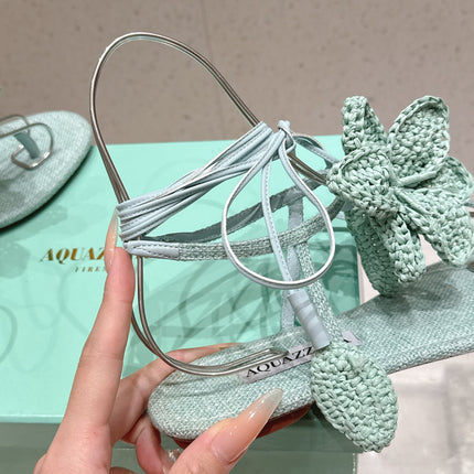AQUAZZURA 26S FLORAL THONG SANDALS IN MINT GREEN WOVEN RAFFIA AND FABRIC