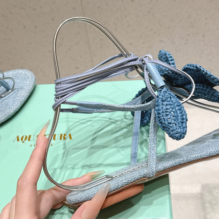 AQUAZZURA 26S FLORAL THONG SANDALS IN PASTEL BLUE WOVEN RAFFIA AND FABRIC