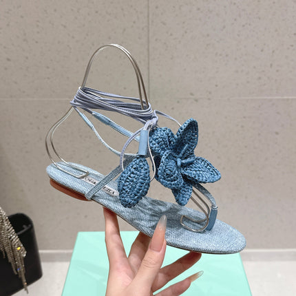AQUAZZURA 26S FLORAL THONG SANDALS IN PASTEL BLUE WOVEN RAFFIA AND FABRIC
