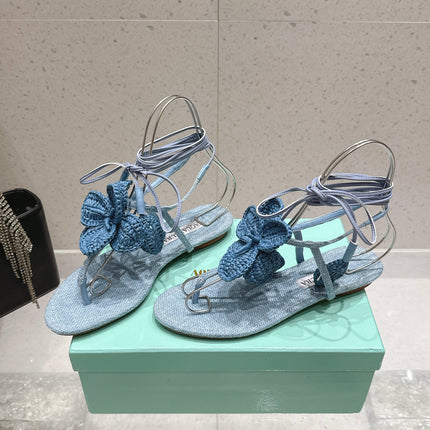 AQUAZZURA 26S FLORAL THONG SANDALS IN PASTEL BLUE WOVEN RAFFIA AND FABRIC