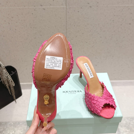 AQUAZZURA 26S HEELED MULES 80 MM IN PINK WOVEN RAFFIA